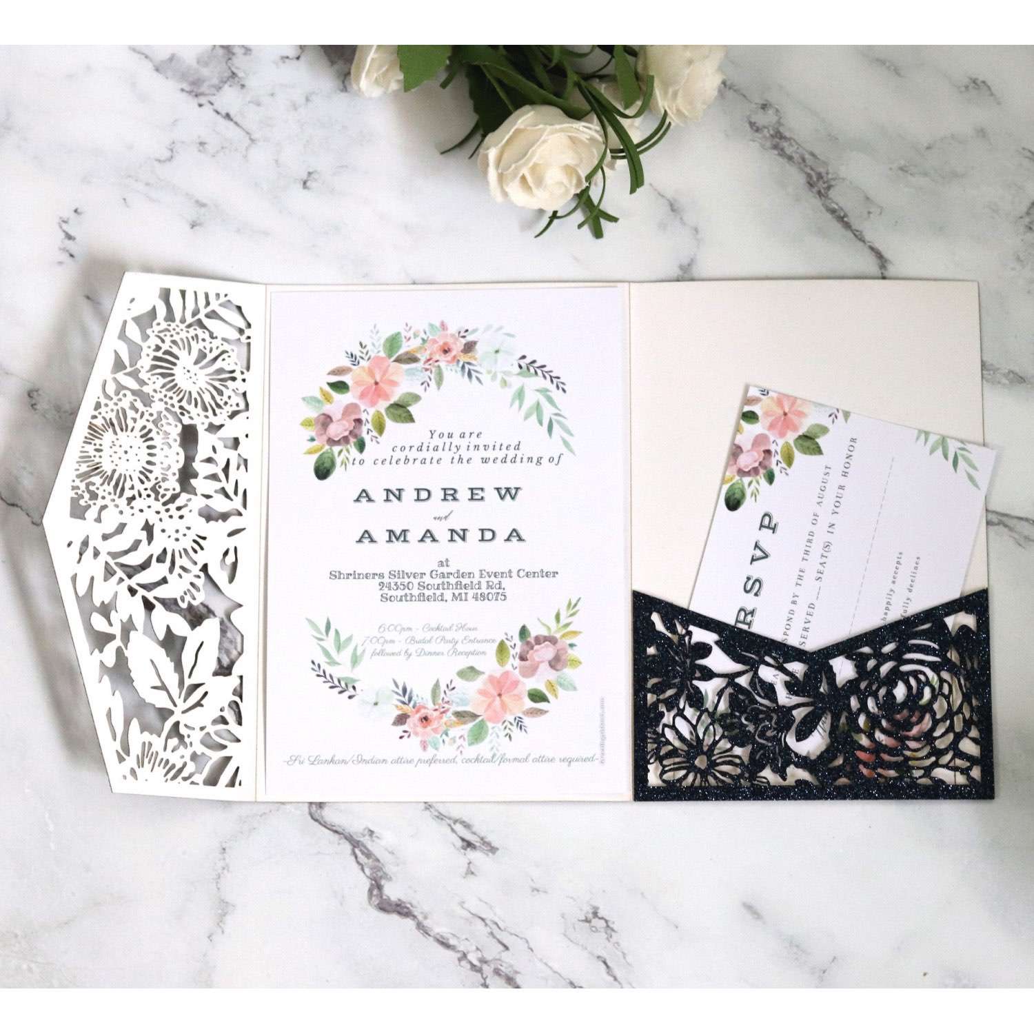 Square Business Invitation Card Laser Holiday Greeting Card Rose Card